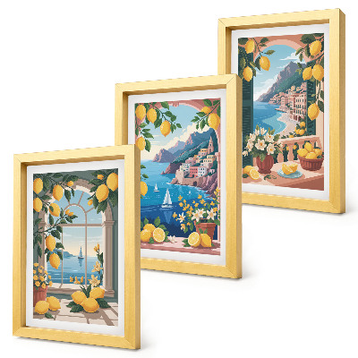 Set 3 tablouri Fereastră cu vedere la mare și lămâi italiene
