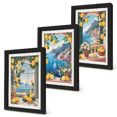 Set 3 tablouri Fereastră cu vedere la mare și lămâi italiene