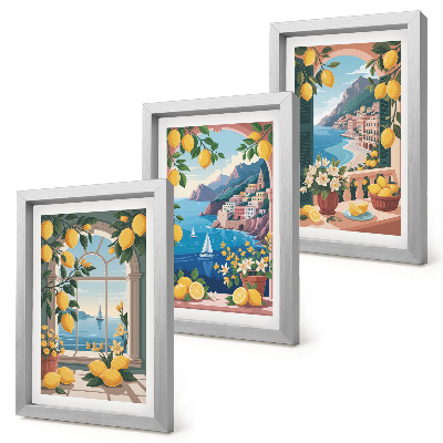 Set 3 tablouri Fereastră cu vedere la mare și lămâi italiene