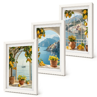 Set 3 tablouri Lămâi și flori în ghivece în orașul de coastă