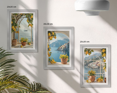 Set 3 tablouri Lămâi și flori în ghivece în orașul de coastă