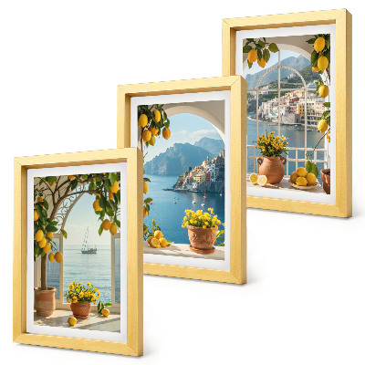 Set 3 tablouri Lămâi și flori în ghivece în orașul de coastă
