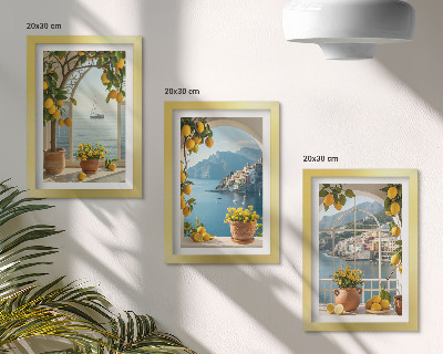Set 3 tablouri Lămâi și flori în ghivece în orașul de coastă
