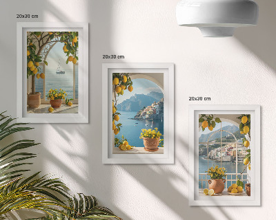 Set 3 tablouri Lămâi și flori în ghivece în orașul de coastă