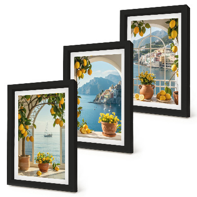 Set 3 tablouri Lămâi și flori în ghivece în orașul de coastă