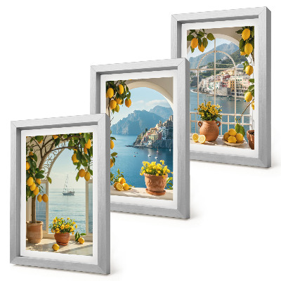 Set 3 tablouri Lămâi și flori în ghivece în orașul de coastă