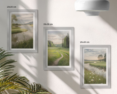 Set 3 tablouri Peisaje liniștite de vară cu un râu și o pajiște cu flori