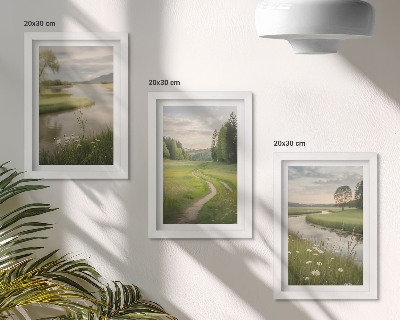 Set 3 tablouri Peisaje liniștite de vară cu un râu și o pajiște cu flori