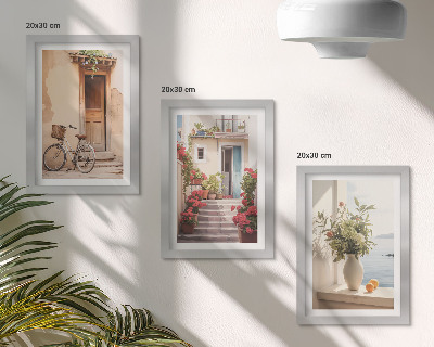 Set 3 tablouri Străzi fermecătoare de pe malul mării, cu flori și biciclete