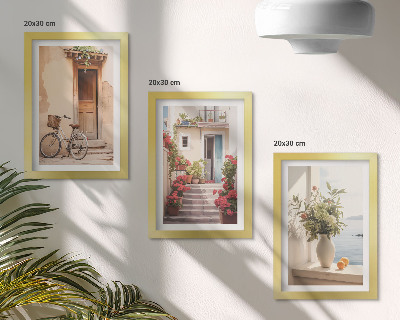 Set 3 tablouri Străzi fermecătoare de pe malul mării, cu flori și biciclete