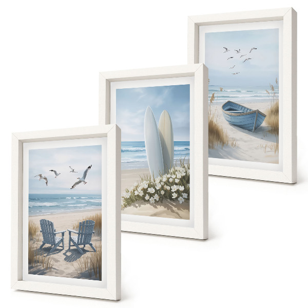 Set 3 tablouri Plajă cu plăci de surf, bărci și păsări