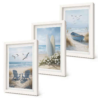 Set 3 tablouri Plajă cu plăci de surf, bărci și păsări