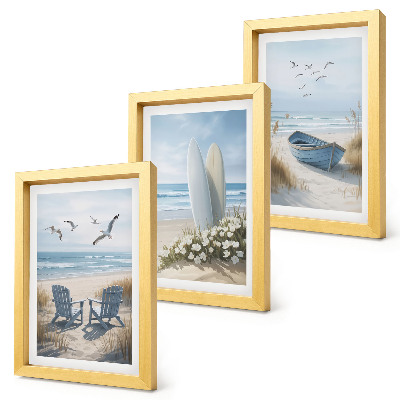 Set 3 tablouri Plajă cu plăci de surf, bărci și păsări