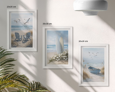 Set 3 tablouri Plajă cu plăci de surf, bărci și păsări