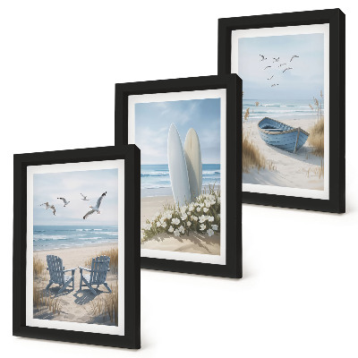 Set 3 tablouri Plajă cu plăci de surf, bărci și păsări