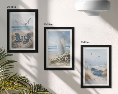 Set 3 tablouri Plajă cu plăci de surf, bărci și păsări