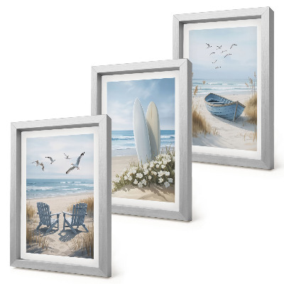 Set 3 tablouri Plajă cu plăci de surf, bărci și păsări