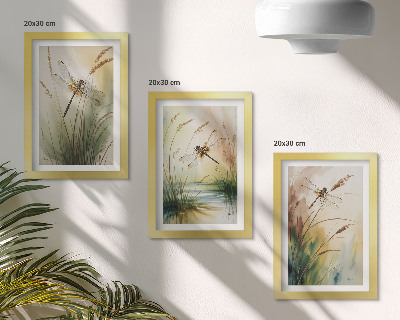 Set 3 tablouri Libelule printre iarba de lângă apă într-un stil pictural