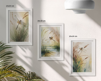 Set 3 tablouri Libelule printre iarba de lângă apă într-un stil pictural