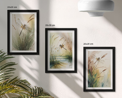 Set 3 tablouri Libelule printre iarba de lângă apă într-un stil pictural
