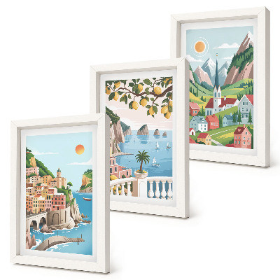 Set 3 tablouri Peisaje pitorești cu mare și citrice