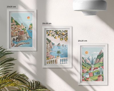 Set 3 tablouri Peisaje pitorești cu mare și citrice