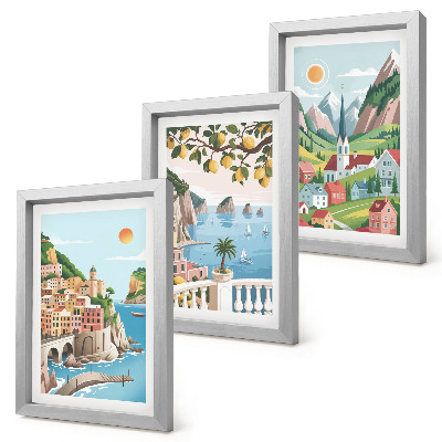 Set 3 tablouri Peisaje pitorești cu mare și citrice
