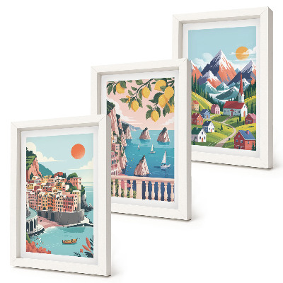 Set 3 tablouri Peisaje montane colorate și orașe de pe litoral