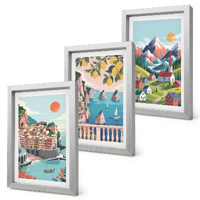 Set 3 tablouri Peisaje montane colorate și orașe de pe litoral