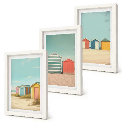 Set 3 tablouri Case colorate pe plajă în soarele de vară