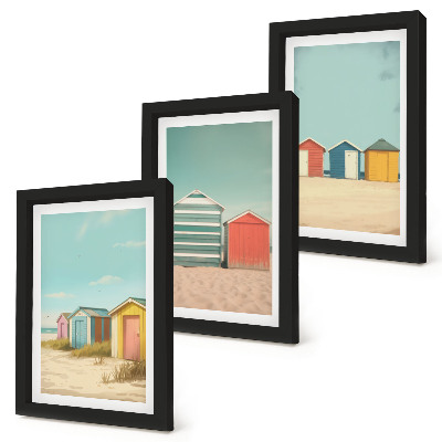 Set 3 tablouri Case colorate pe plajă în soarele de vară