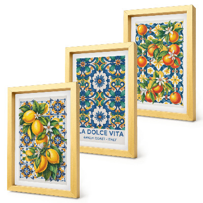 Set 3 tablouri Postere cu citrice și modele abstracte colorate