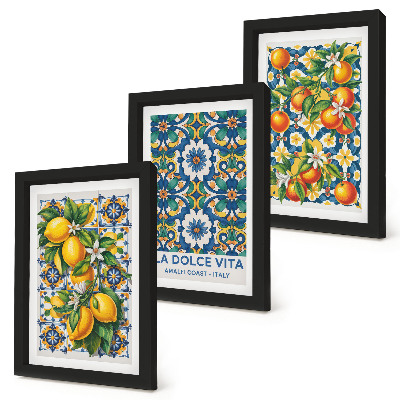 Set 3 tablouri Postere cu citrice și modele abstracte colorate