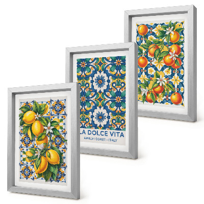 Set 3 tablouri Postere cu citrice și modele abstracte colorate
