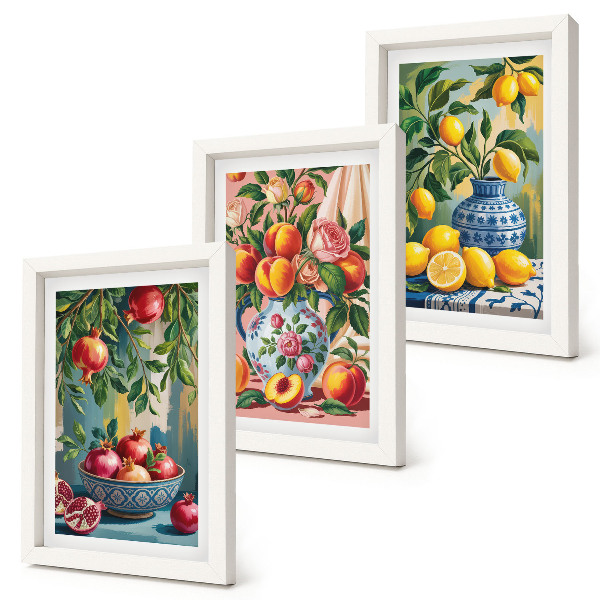 Set 3 tablouri Compoziții de fructe cu rodii, lămâi și piersici