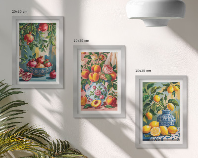 Set 3 tablouri Compoziții de fructe cu rodii, lămâi și piersici