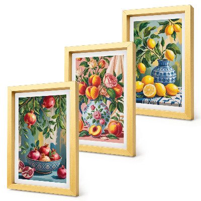 Set 3 tablouri Compoziții de fructe cu rodii, lămâi și piersici