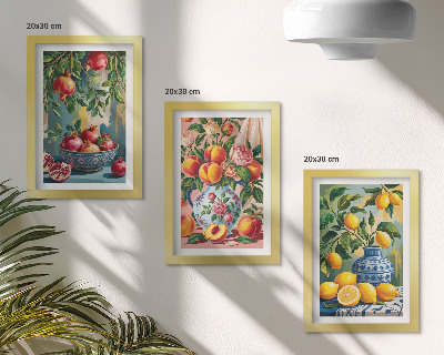 Set 3 tablouri Compoziții de fructe cu rodii, lămâi și piersici