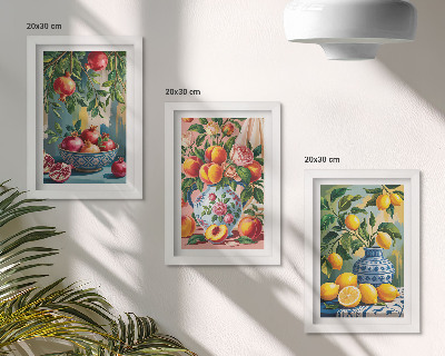 Set 3 tablouri Compoziții de fructe cu rodii, lămâi și piersici