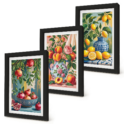 Set 3 tablouri Compoziții de fructe cu rodii, lămâi și piersici