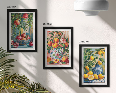 Set 3 tablouri Compoziții de fructe cu rodii, lămâi și piersici