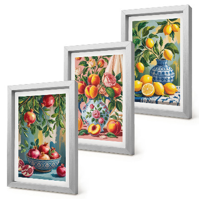 Set 3 tablouri Compoziții de fructe cu rodii, lămâi și piersici