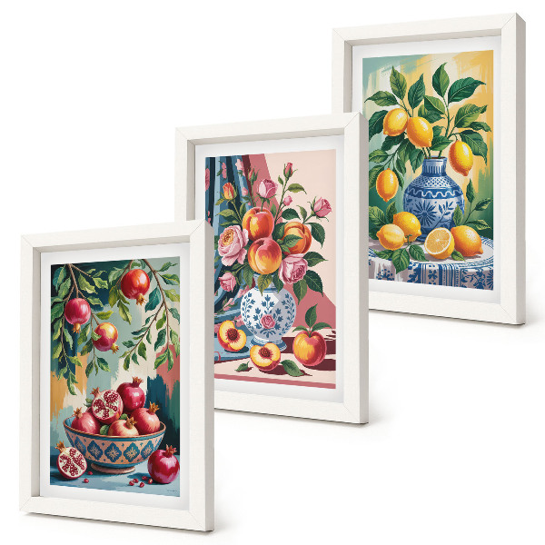 Set 3 tablouri Flori și fructe pictate în vaze