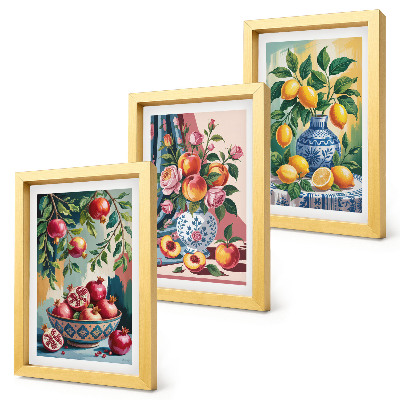Set 3 tablouri Flori și fructe pictate în vaze