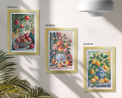 Set 3 tablouri Flori și fructe pictate în vaze