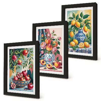 Set 3 tablouri Flori și fructe pictate în vaze