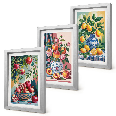 Set 3 tablouri Flori și fructe pictate în vaze