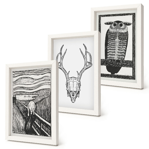 Set 3 tablouri Inspirat de imaginea Scream cu un craniu și o bufniță într-un stil grafic