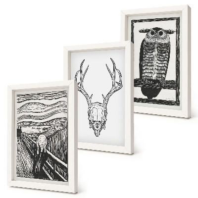 Set 3 tablouri Inspirat de imaginea Scream cu un craniu și o bufniță într-un stil grafic