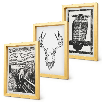 Set 3 tablouri Inspirat de imaginea Scream cu un craniu și o bufniță într-un stil grafic